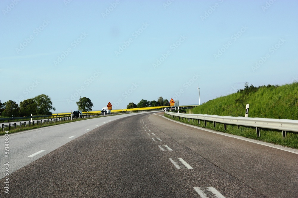 Fototapeta premium Swedish highway with warning sign for reindeer, elk