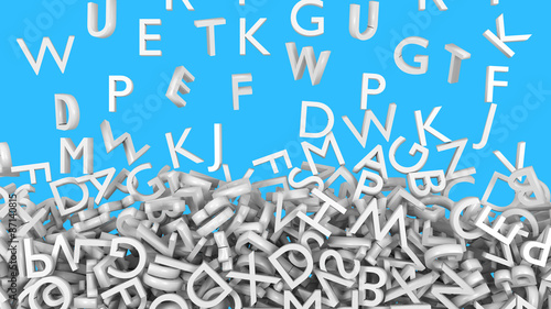 White alphabet letters fall. Light blue background
