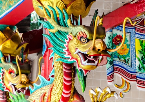 Chinese Dragon head on pillar, Close up image