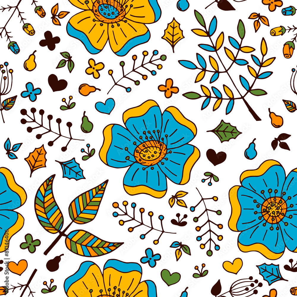 Fototapeta premium Vector floral colorful seamless pattern with hand drawn doodle elements.