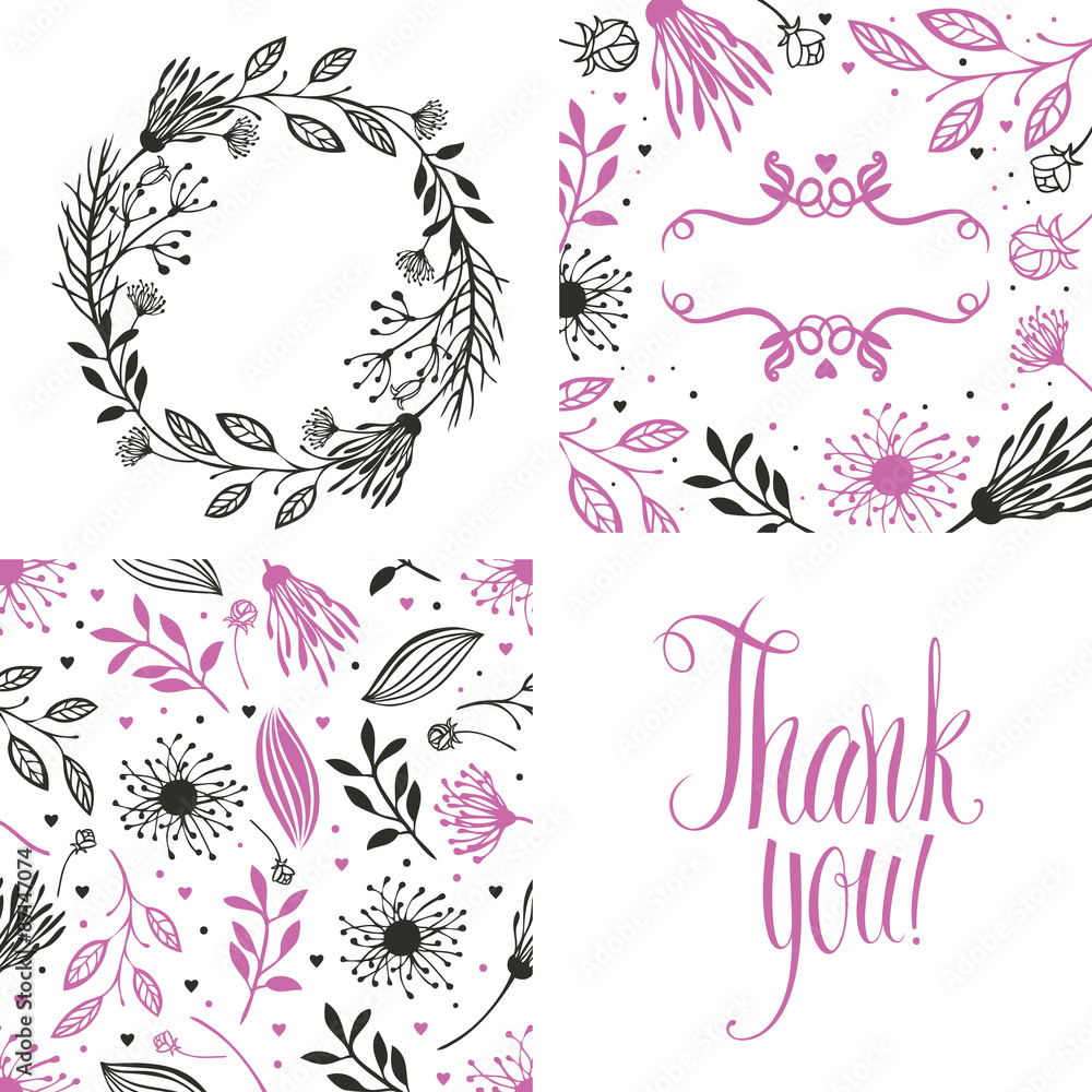 Round frame of flowers, pattern and thank you card