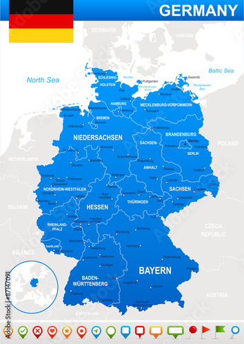 Map of Germany and flag - highly detailed vector illustration.Image contains land contours, country and land names, city names, water object names.
- flag
- navigation icons
