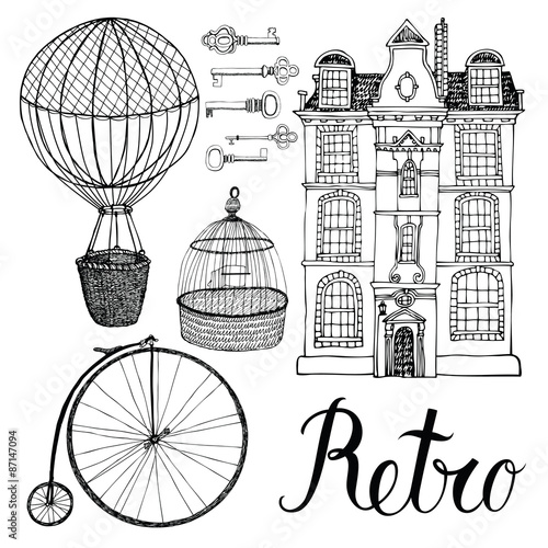 Retro objects, house and transport. Hand drawing and calligraphy