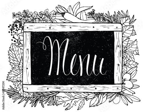 Kitchen herb with chalk on blackboard