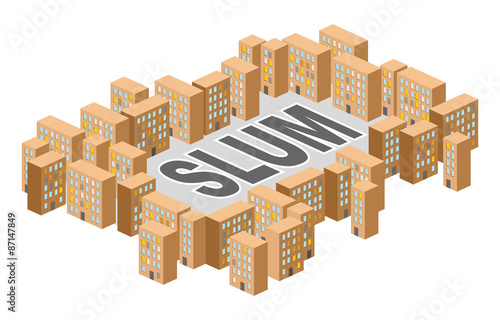 Slum district. Building in  form of letters. Ghetto Poor distric