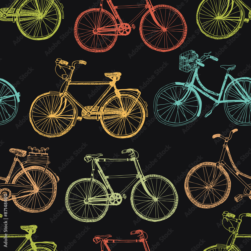 Vintage bicycle, colorful seamless background