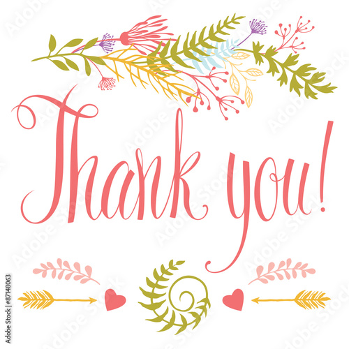 Thank you card with heart, forest herbs, arrows and calligraphy