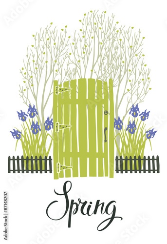 Spring card with the green door of garden and blooming irises