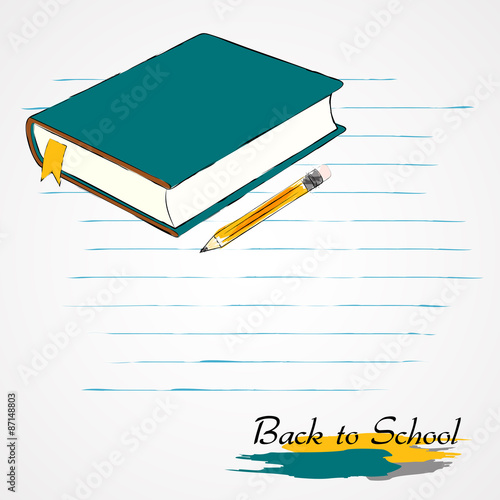 Hand drawn vector book and pencil on the light background with stripes