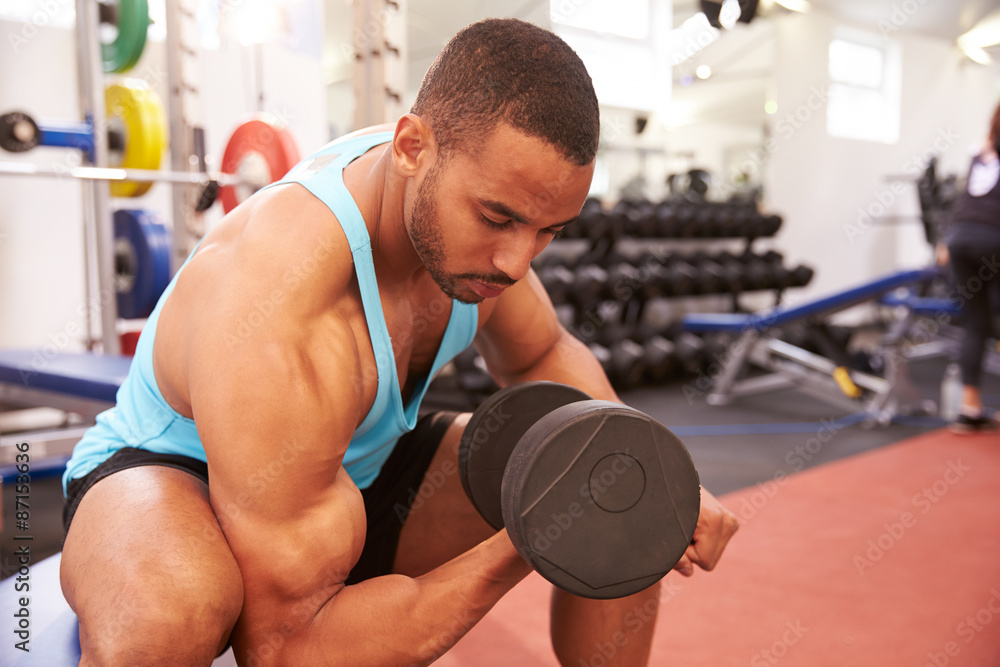 Obraz premium Man exercising with dumbbells at a gym, horizontal shot