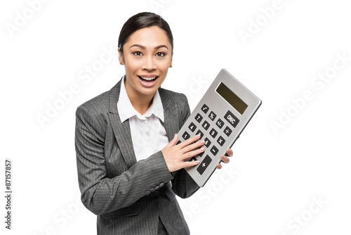 Smiling Woman with Big Calculator