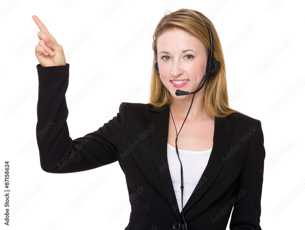 Customer services representative with finger point up Customer services representative with finger point up