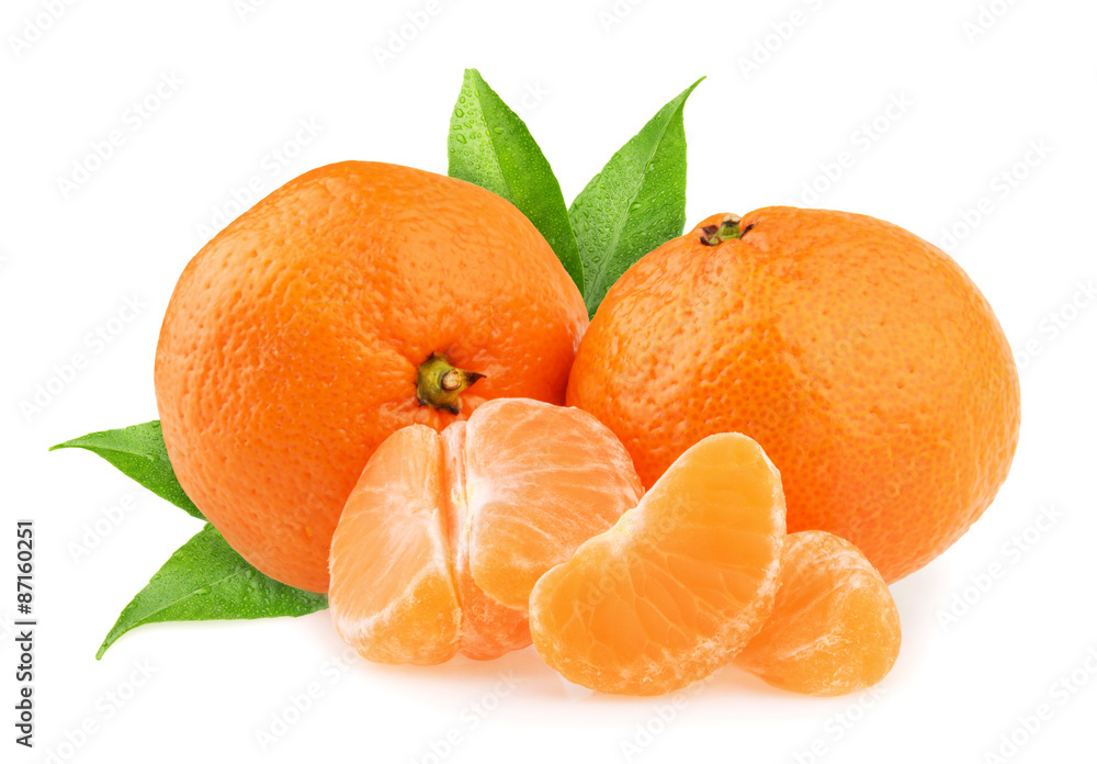 Tangerines with leaves and slices on white background Tangerines with leaves and slices on white background