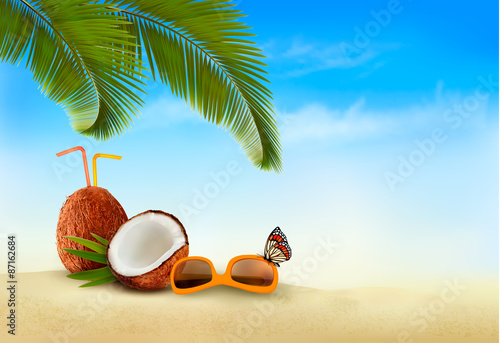 Vacation background. Beach with palm trees and blue sea. Vector.