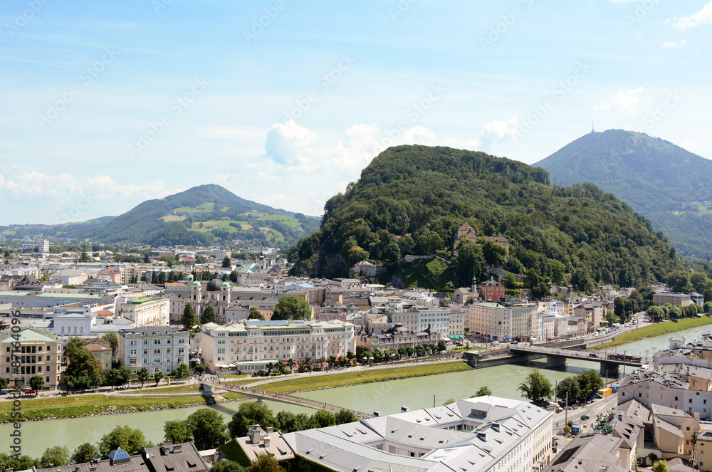 Salzach river flows through Salzburg city centre in Austria