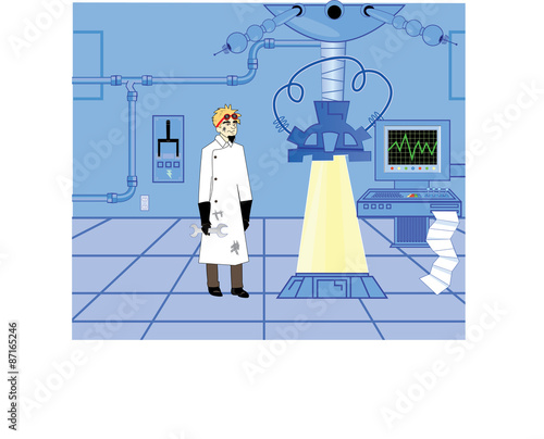 Mad scientist in lab with scientific equipment
