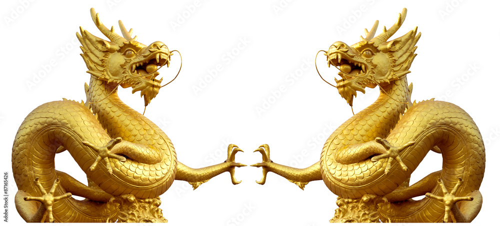 Double golden dragon statue at isolated on white background Double golden dragon statue at isolated on white background