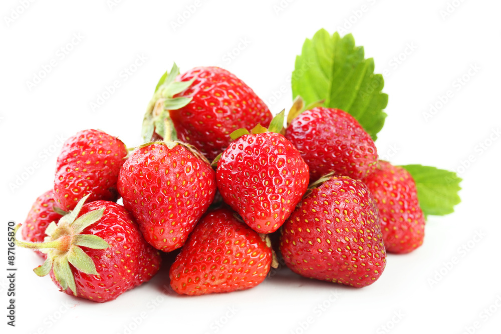 Strawberries berries with leaves isolated on white Strawberries berries with leaves isolated on white