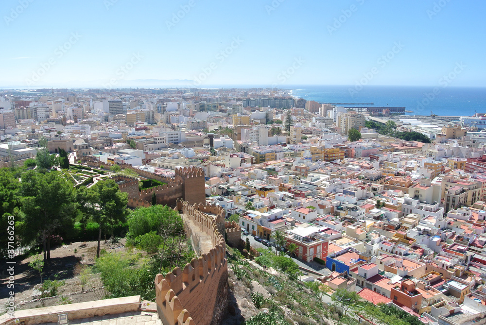 Panoramic view on the Andalusian coastal town of Almeria from the top of Alcazaba fortress, on a sunny summer day.