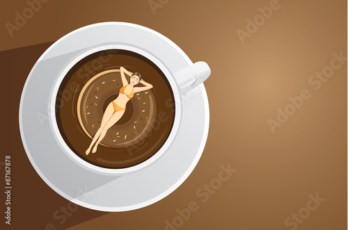 Woman resting on inflatable mattress floating in coffee cup, it is imagine of people drinking good flavor coffee on relax time. Lifestyle concept