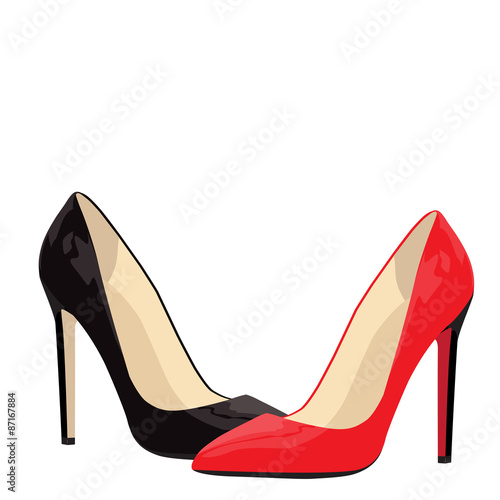 vector illustration of fashionable very attractive high wheel red and black women's shoes