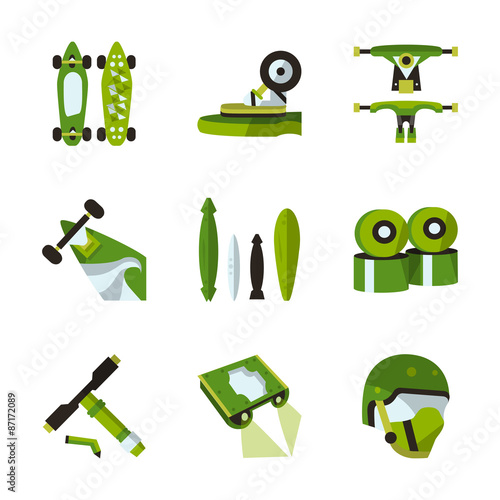 Green flat vector icons for longboard accessories