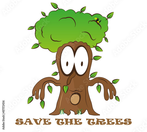 Save tree cute cartoon fantasy kid green logo vector eco illustration