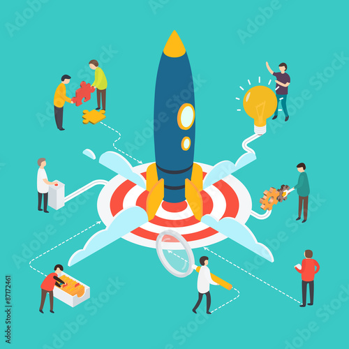 Flat 3d isometric modern startup concept with people and rocket.