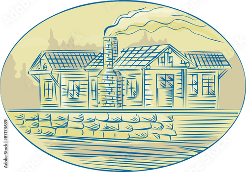Log Cabin Resort Oval Etching