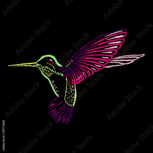 Colorful Hummingbird on blackboard hand-drawn with color chalks. Vector illustration.