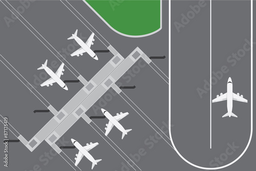 Flat design vector illustration of Airport buildingwith plans terminal with runway