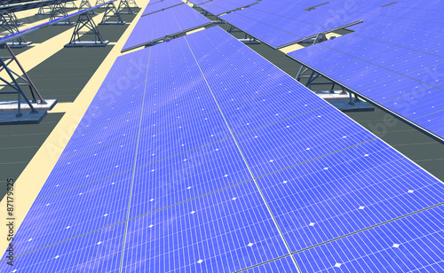 High Quality 3D render of photovoltaic panels tracking the sun in the desert. Partially overcast bright blue reflected sky.