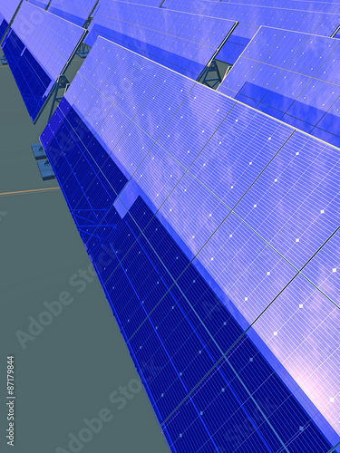 High Quality 3D render of photovoltaic panels tracking the sun in the desert. Partially overcast bright blue reflected sky.