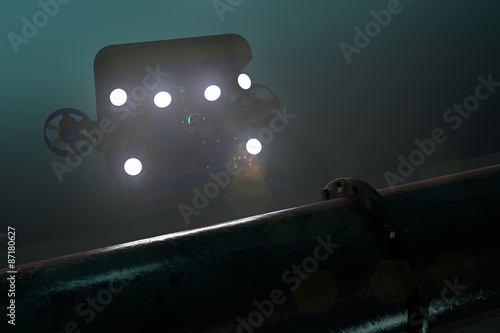 High quality 3D render of an ROV submersible locating a sub-sea pipeline deep underwater. Fictitious ROV is a unique design, created and modeled entirely by myself. Murky water to emphasize depth.
