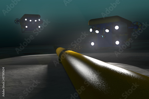 High quality 3D render of two ROV submersibles inspecting a sub-sea pipeline deep underwater. Fictitious ROV is a unique design, created and modeled entirely by myself. Murky water to emphasize depth. photo