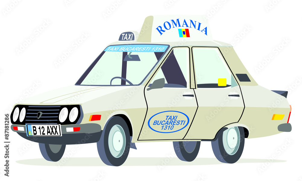 Naklejka premium Caricatura Dacia 1310 taxi Rumania blanco vista frontal y lateral