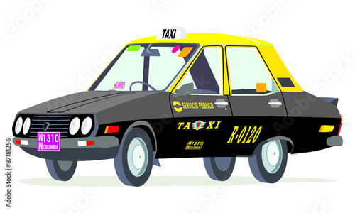 Caricatura Dacia 1310 Renault 12 taxi Colombia negro y amarilo vista frontal y lateral photo