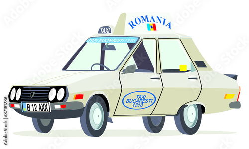 Caricatura Dacia 1310  taxi Rumania blanco vista frontal y lateral
