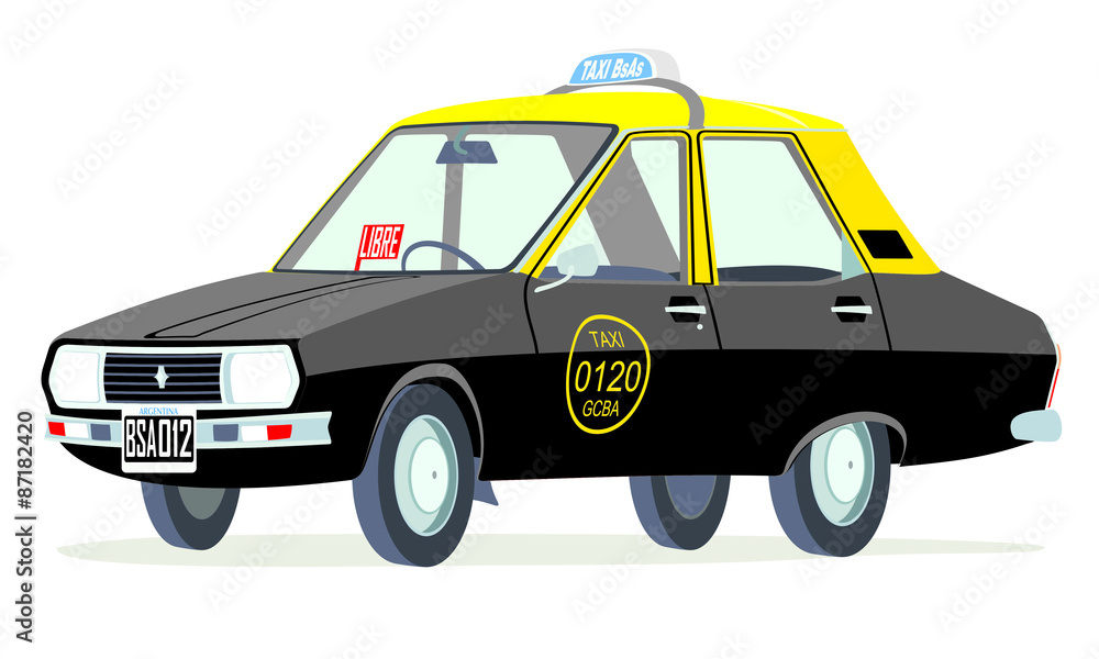 Caricatura Renault 12 taxi Buenos Aires negro y amarillo vista frontal y lateral