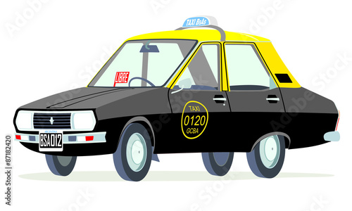 Caricatura Renault 12 taxi Buenos Aires negro y amarillo vista frontal y lateral