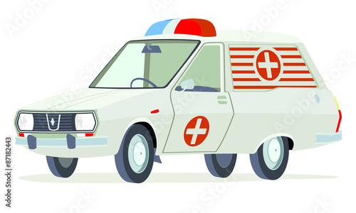 Caricatura Renault 12 Break ambulancia blanca vista frontal y lateral