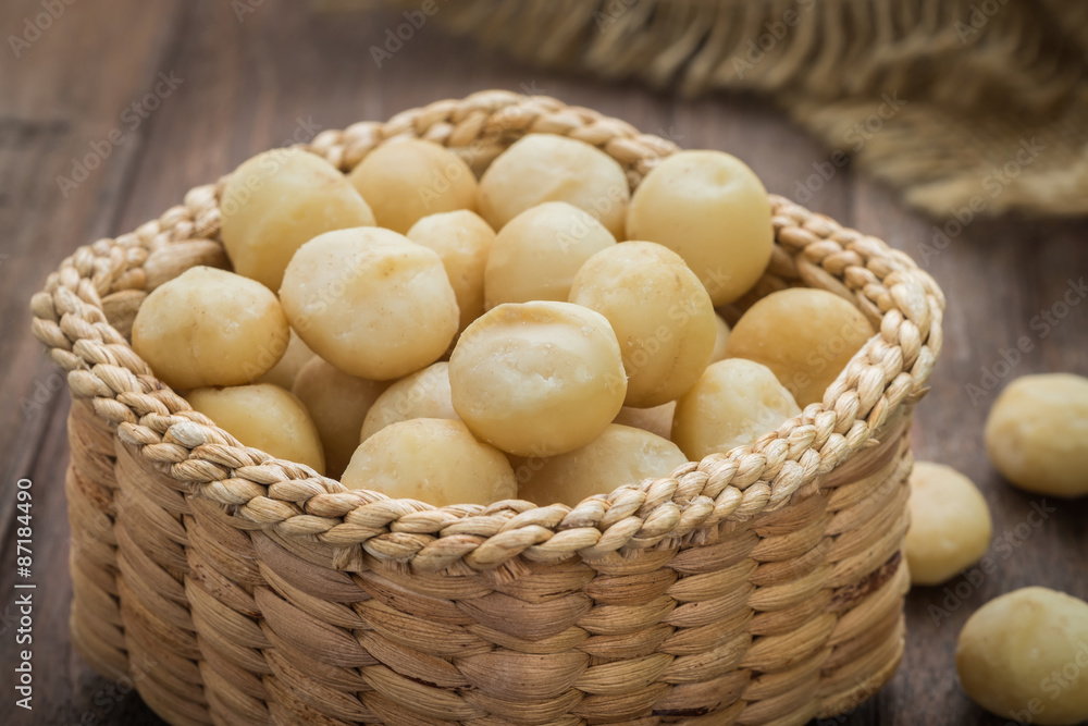Macadamia nuts in basket Macadamia nuts in basket