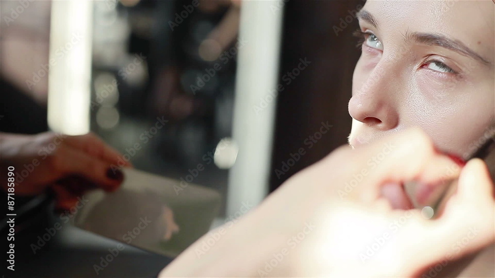 Professional make-up artist applying foundation with a brush to skin of models face. Close-up Professional make-up artist applying foundation with a brush to skin of models face. Close-up