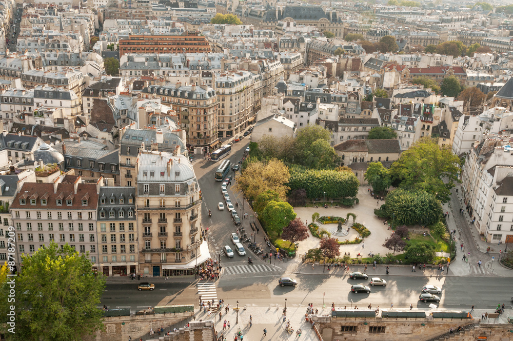 Overview of the Square Rene-Viviani and Quai de Montebello in 5th arrondissement of Paris.