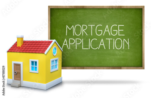 Mortgage application text on blackboard with 3d house