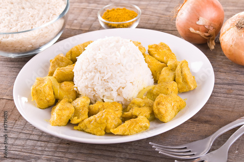 Chicken curry with rice Caribbean. 