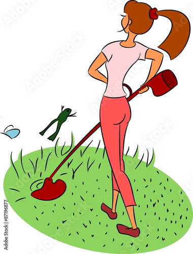 Girl mows the lawn