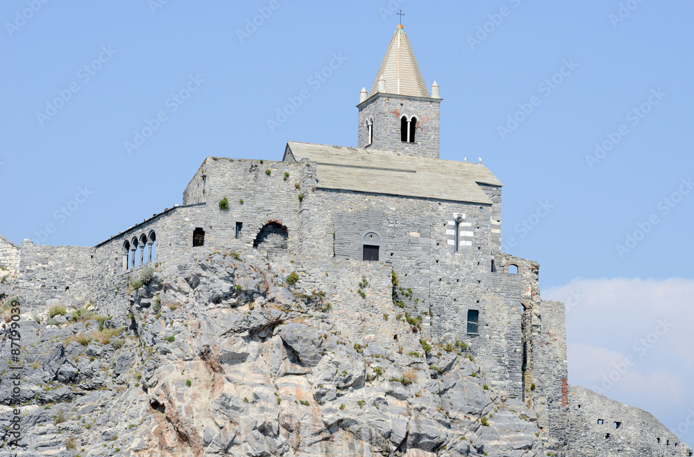 Old church on a rocky coastal outcrop at Portovenere, Italy