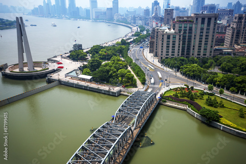 Photography panoramic high angle view of shanghai at riverbank