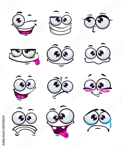 Set of funny cartoon faces, different emotions, isolated on white